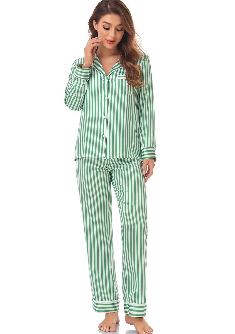 Serenedelicacy Women's Satin Pajama Set Long Sleeve Button Down Sleepwear 2-Piece Silky Pj Set (Medium, Green/Ivory, Stripe) - Image 1